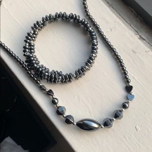 Vintage Onyx Beaded Necklace and Wrap Bracelet Set